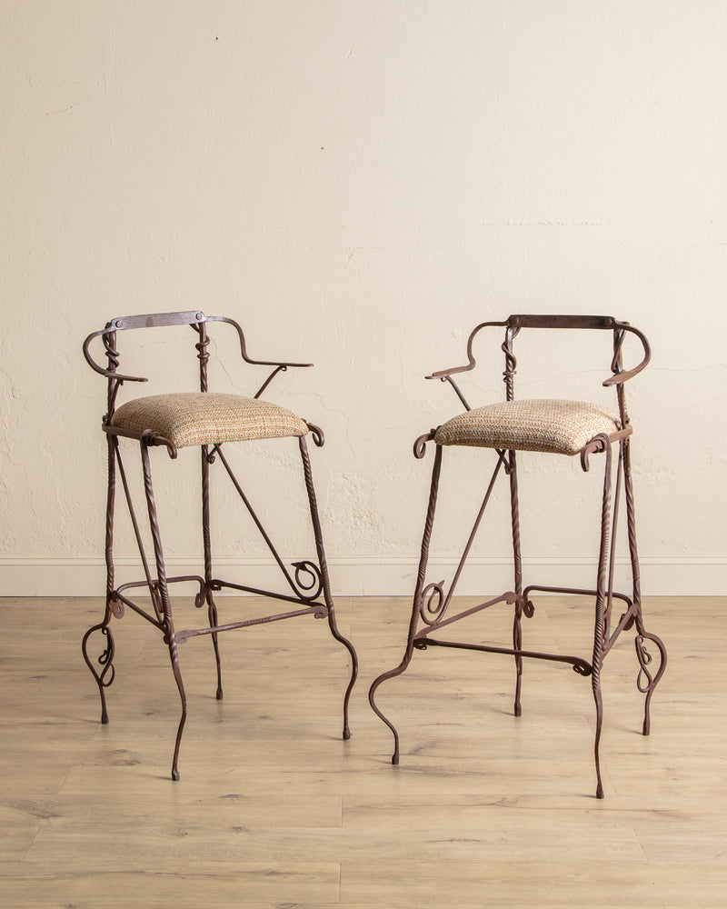 Set of 2 Hand Forged Spanish Twisted Iron Barstools, 1950's