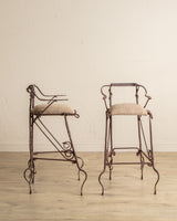 Set of 2 Hand Forged Spanish Twisted Iron Barstools, 1950's