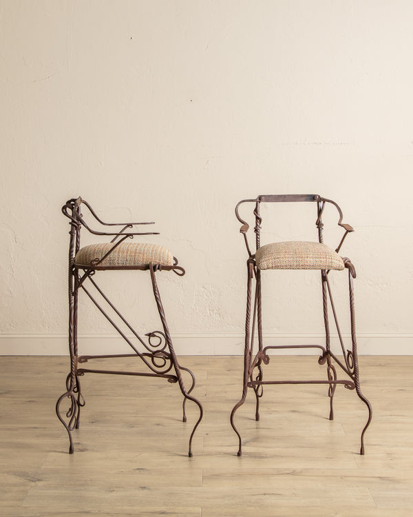 Set of 2 Hand Forged Spanish Twisted Iron Barstools, 1950's