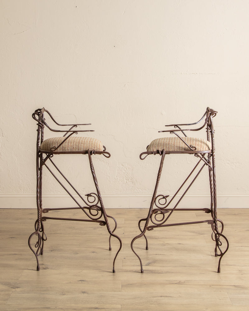 Set of 2 Hand Forged Spanish Twisted Iron Barstools, 1950's