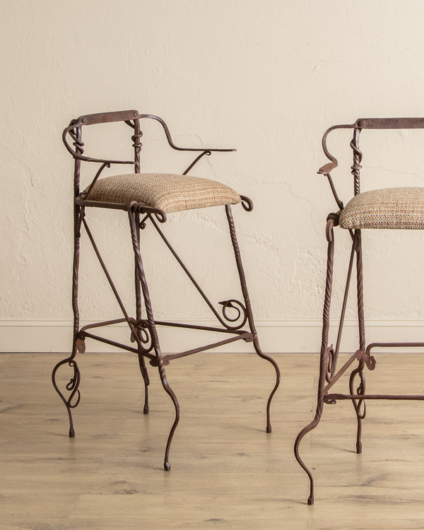 Set of 2 Hand Forged Spanish Twisted Iron Barstools, 1950's