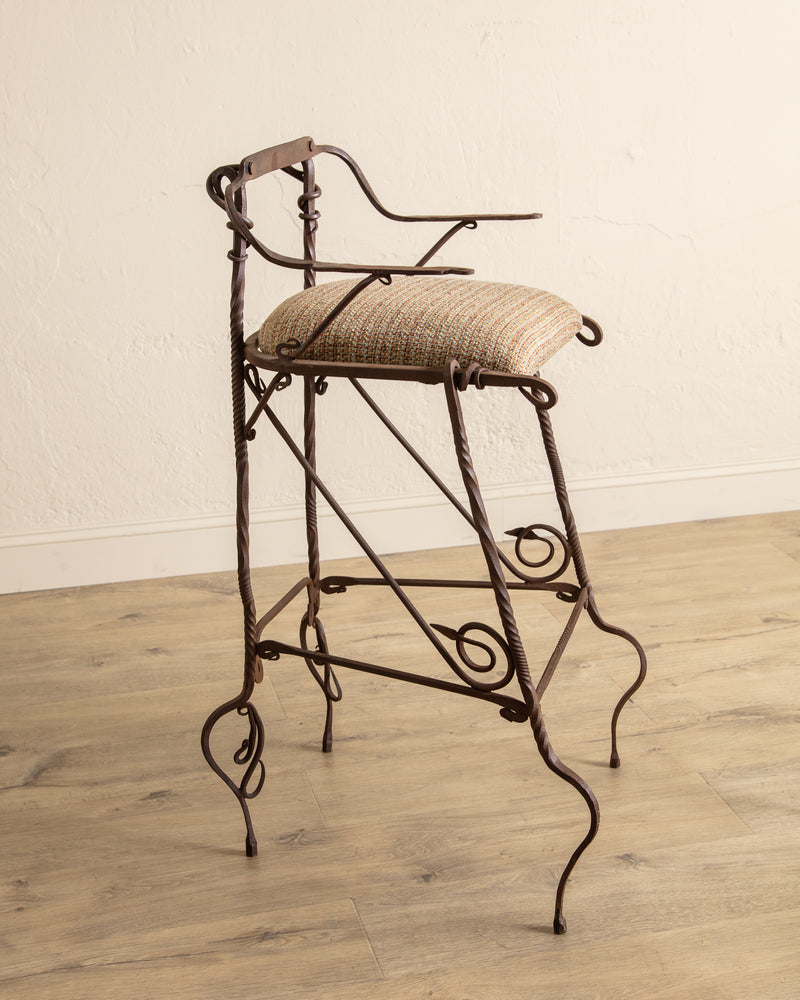 Set of 2 Hand Forged Spanish Twisted Iron Barstools, 1950's