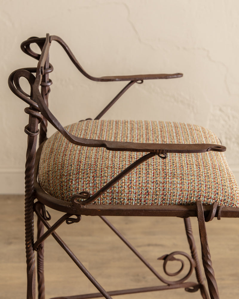Set of 2 Hand Forged Spanish Twisted Iron Barstools, 1950's