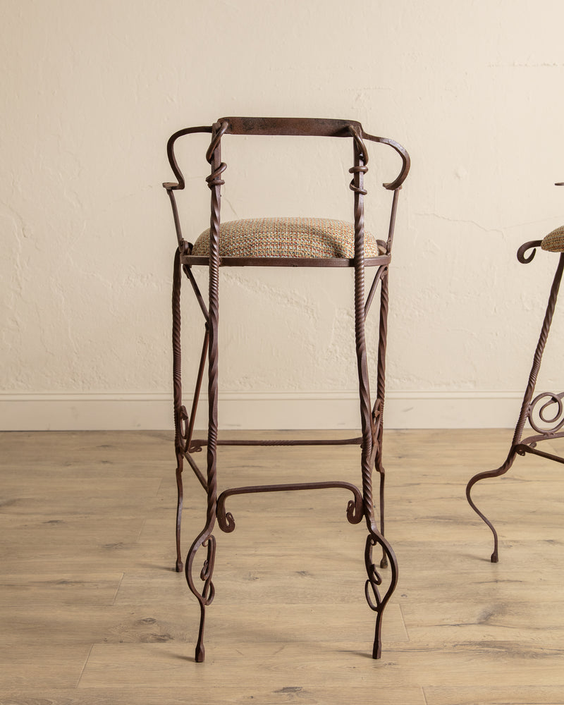 Set of 2 Hand Forged Spanish Twisted Iron Barstools, 1950's
