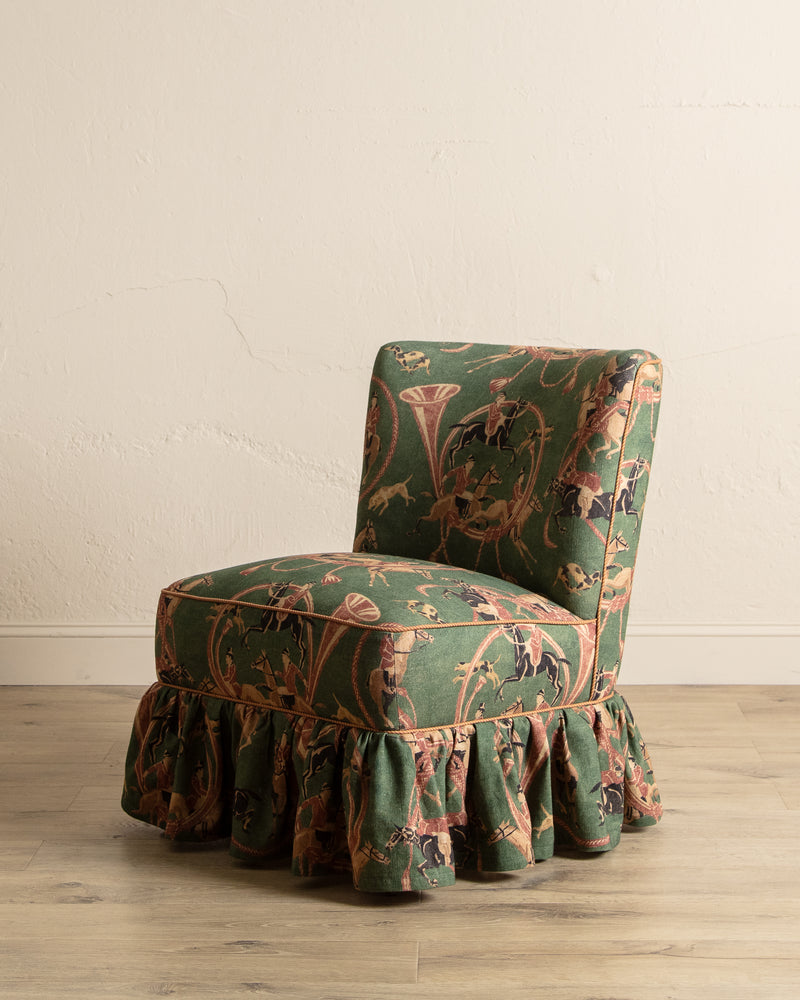 Skirted Slipper Chair in Green Derby Upholstery, Denmark, 1950's