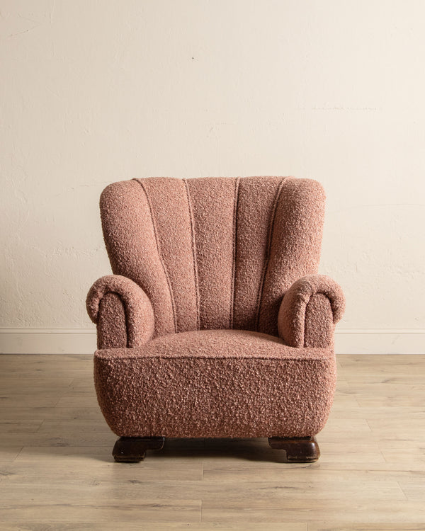 Danish Wingback Armchair in Chunky Pink Boucle, Denmark, 1950's