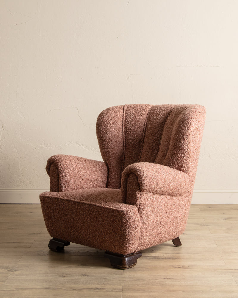 Danish Wingback Armchair in Chunky Pink Boucle, Denmark, 1950's