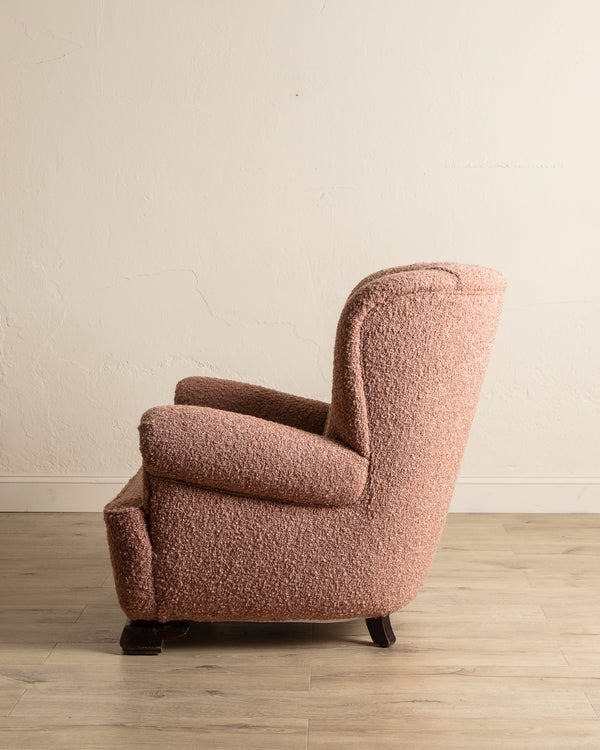 Danish Wingback Armchair in Chunky Pink Boucle, Denmark, 1950's