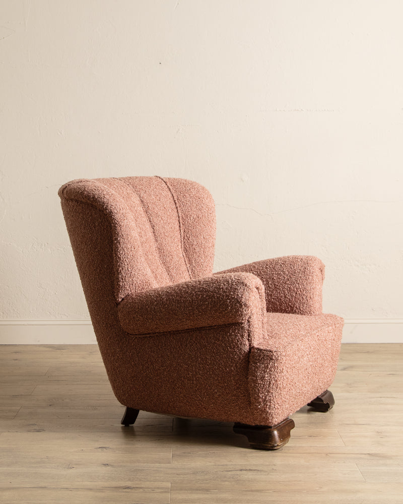 Danish Wingback Armchair in Chunky Pink Boucle, Denmark, 1950's