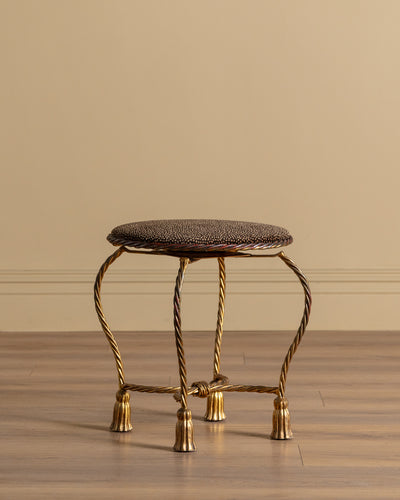 Gold Vanity Rope & Tassel Swivel Stool in Warm Dotted Chenille, 1950's