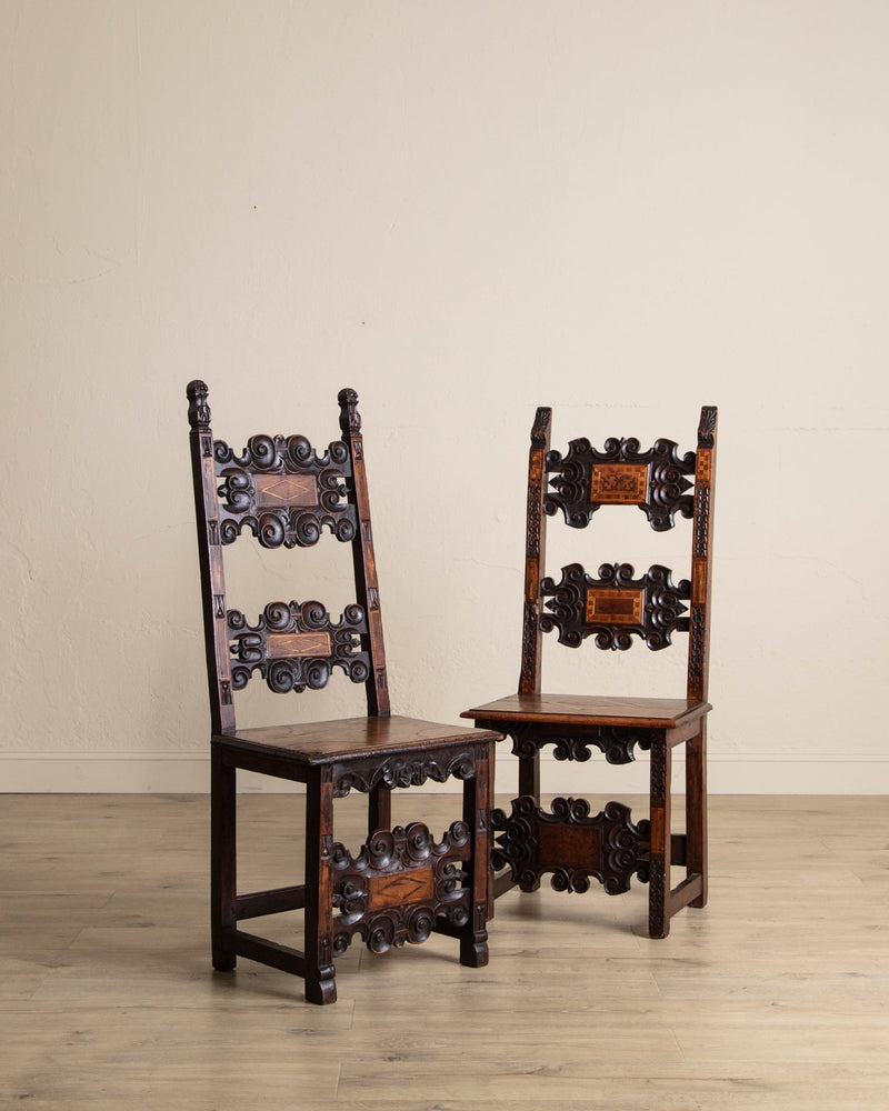 17th Century Inlaid Carved Walnut Side Chair, Italy (2 Available) - Lone Fox