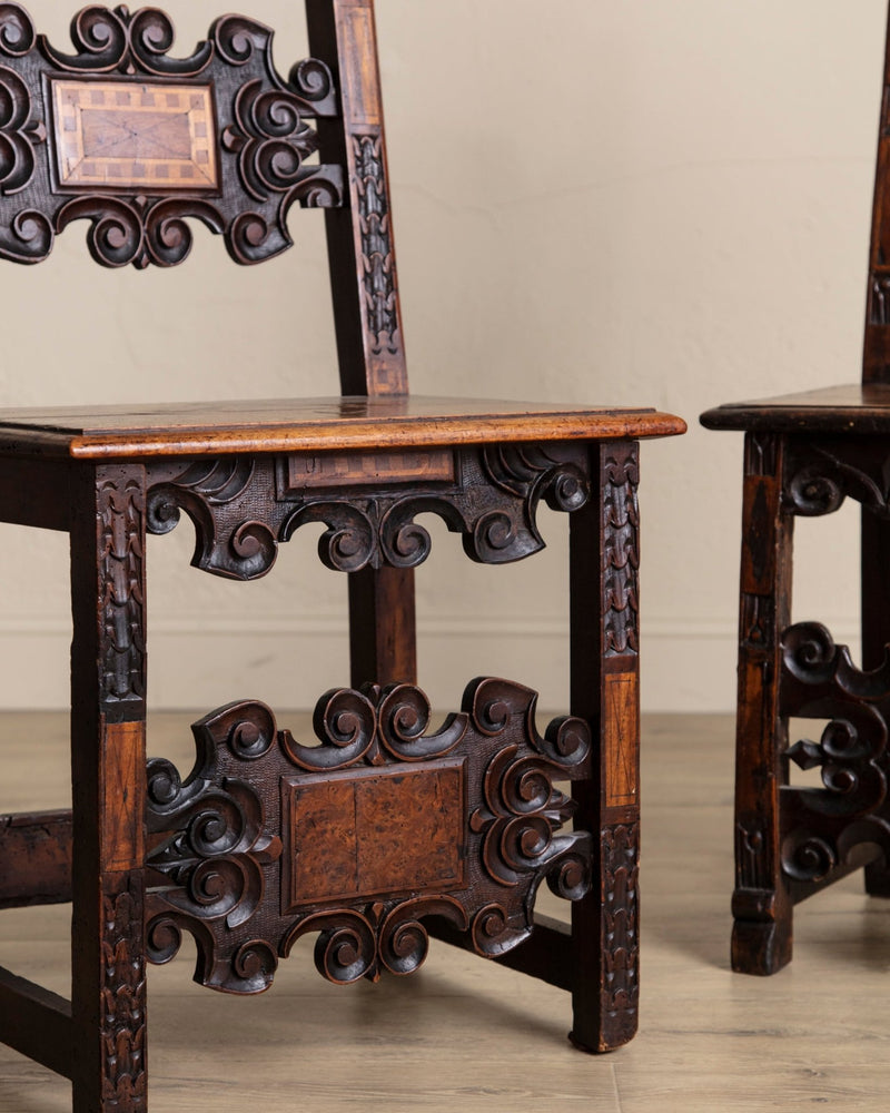 17th Century Inlaid Carved Walnut Side Chair, Italy (2 Available) - Lone Fox