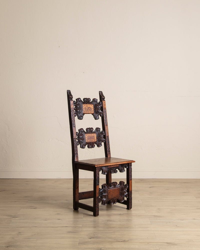 17th Century Inlaid Carved Walnut Side Chair, Italy (2 Available) - Lone Fox