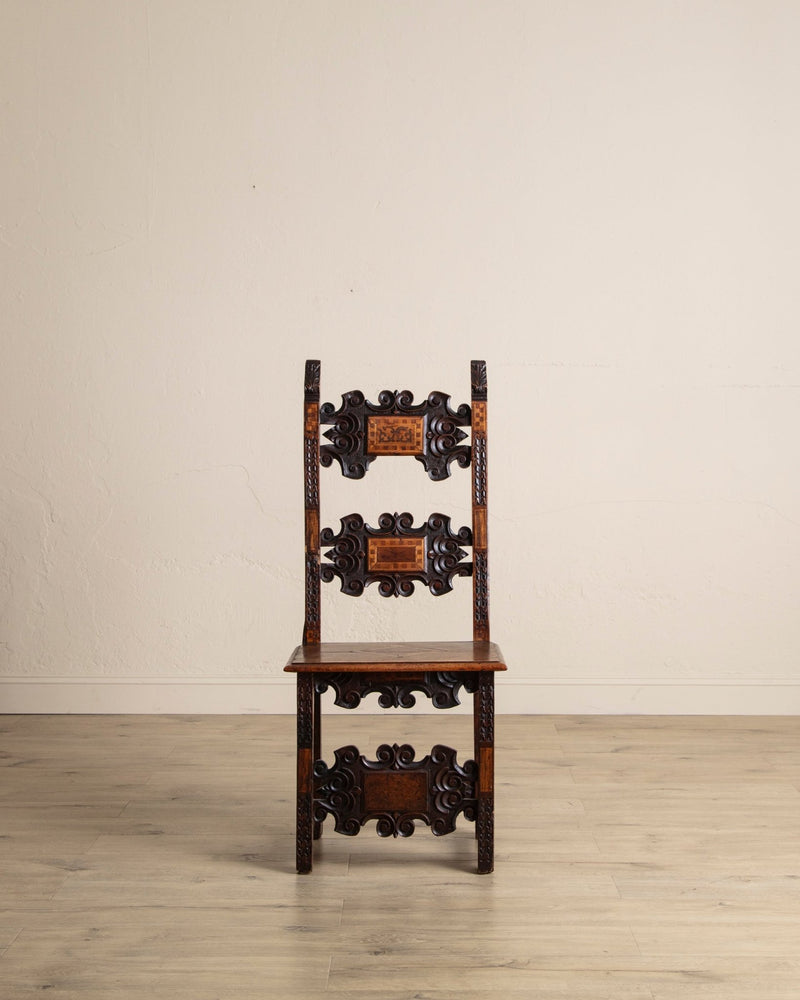 17th Century Inlaid Carved Walnut Side Chair, Italy (2 Available) - Lone Fox