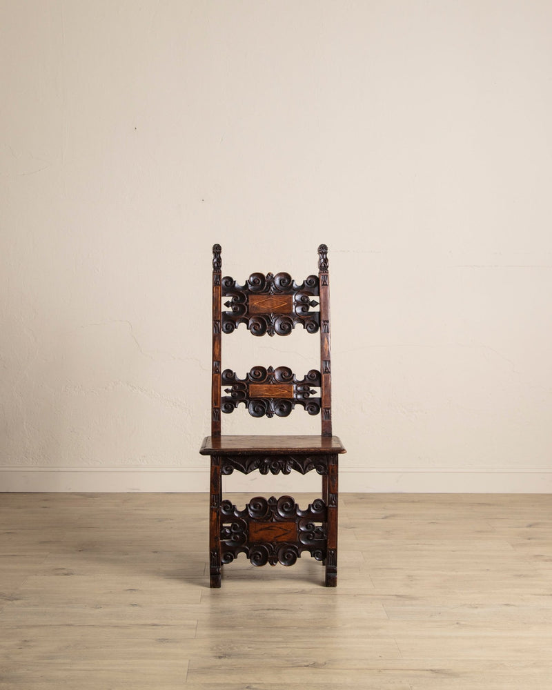 17th Century Inlaid Carved Walnut Side Chair, Italy (2 Available) - Lone Fox
