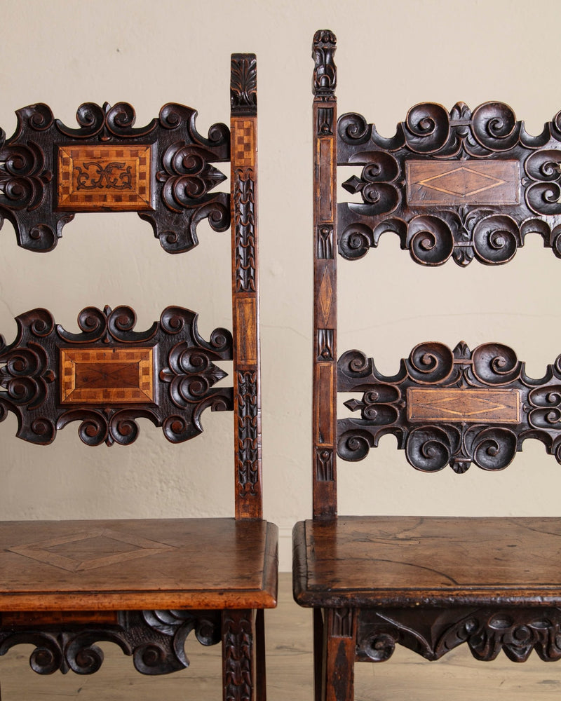 17th Century Inlaid Carved Walnut Side Chair, Italy (2 Available) - Lone Fox