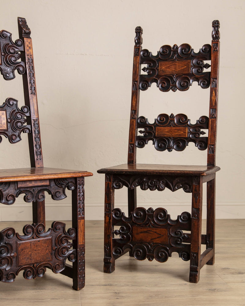 17th Century Inlaid Carved Walnut Side Chair, Italy (2 Available) - Lone Fox