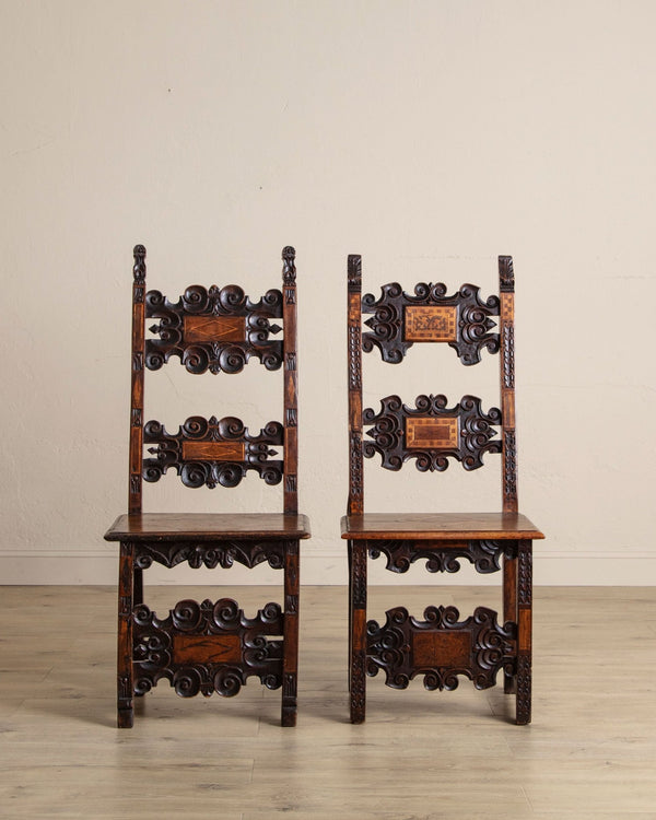 17th Century Inlaid Carved Walnut Side Chair, Italy (2 Available) - Lone Fox