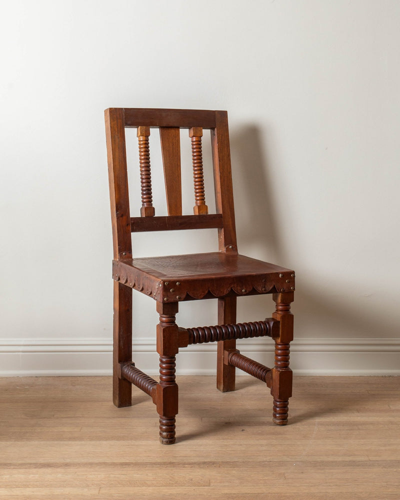 1960's Wood & Scalloped Leather Dining Chairs (Set of 8) - Lone Fox