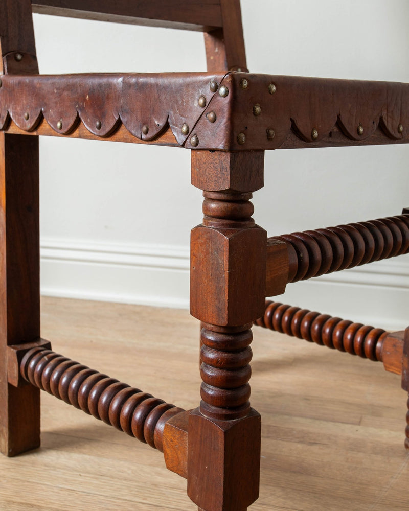 1960's Wood & Scalloped Leather Dining Chairs (Set of 8) - Lone Fox