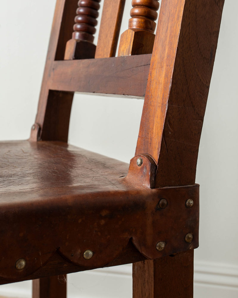 1960's Wood & Scalloped Leather Dining Chairs (Set of 8) - Lone Fox