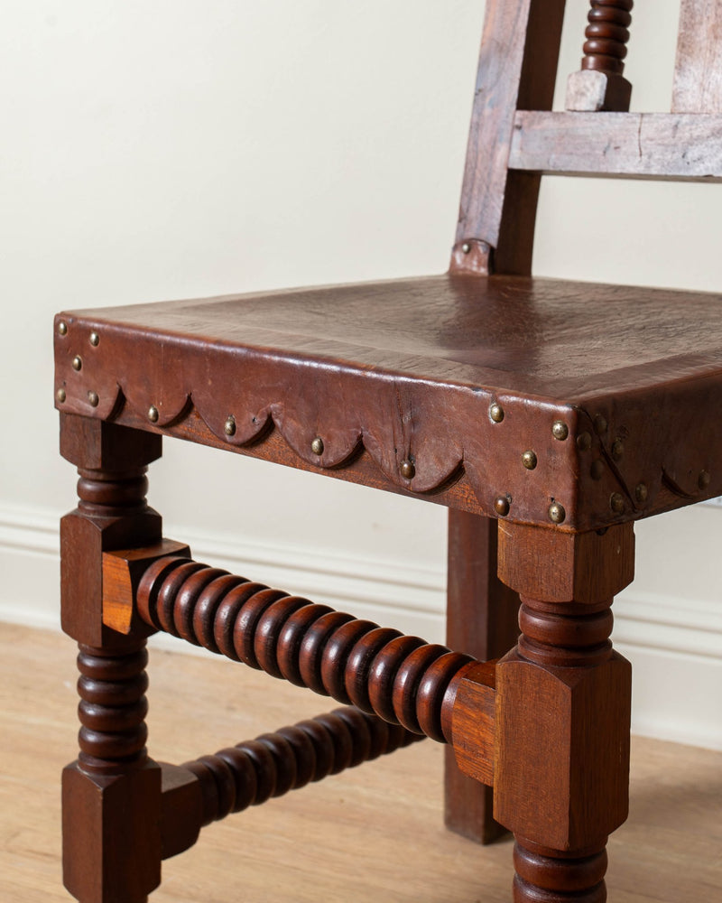 1960's Wood & Scalloped Leather Dining Chairs (Set of 8) - Lone Fox