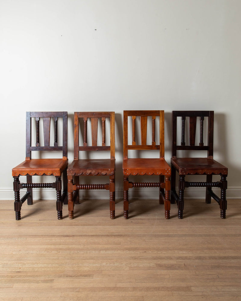 1960's Wood & Scalloped Leather Dining Chairs (Set of 8) - Lone Fox