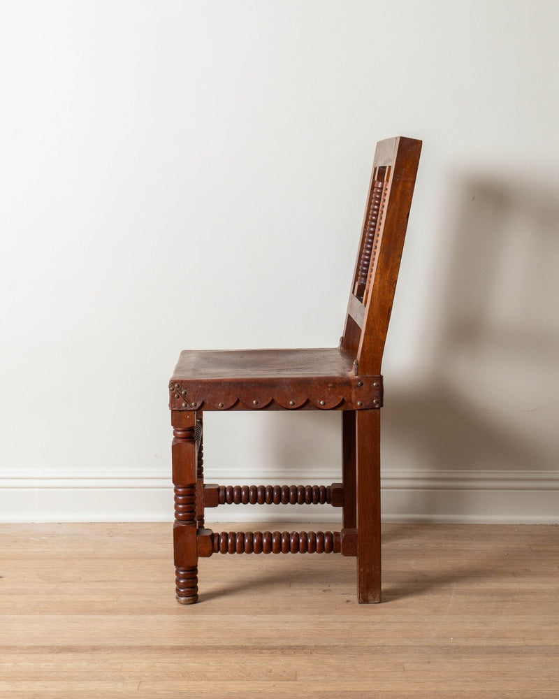 1960's Wood & Scalloped Leather Dining Chairs (Set of 8) - Lone Fox