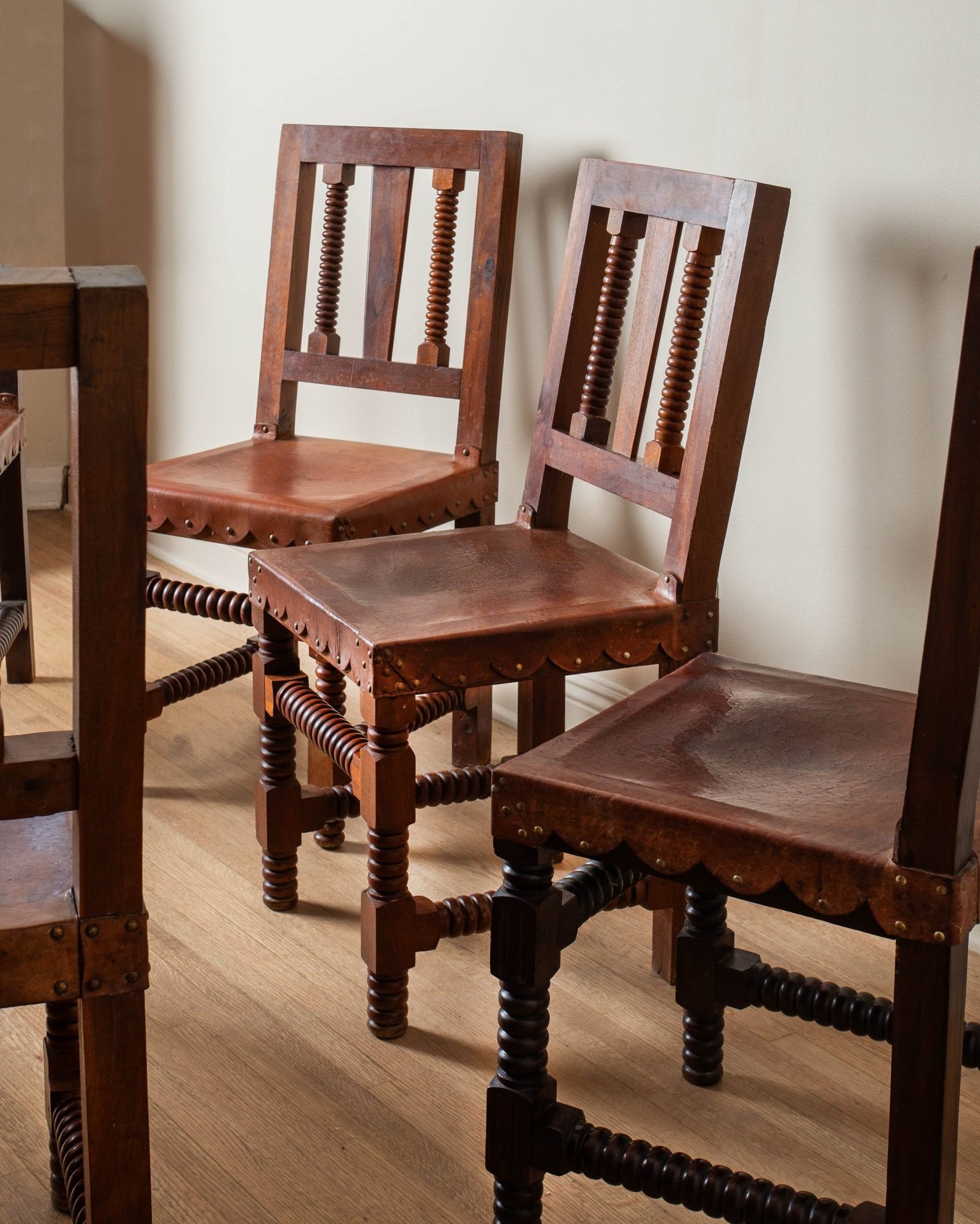 1960 s Wood Scalloped Leather Dining Chairs Set of 8 Lone Fox