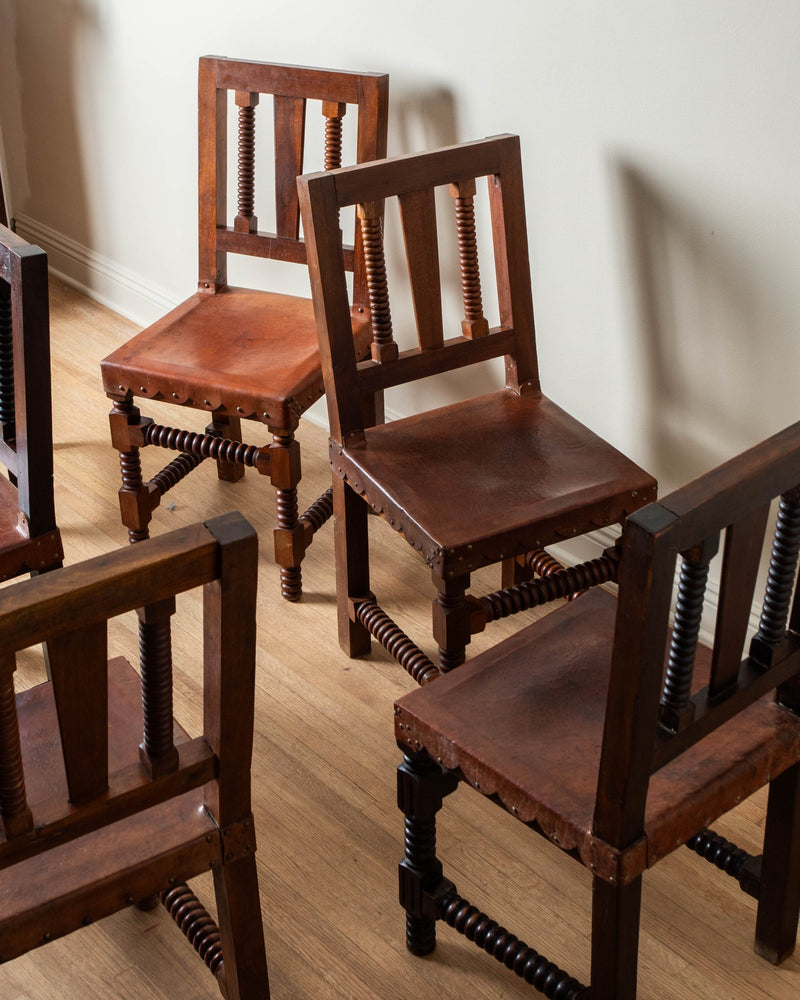 1960's Wood & Scalloped Leather Dining Chairs (Set of 8) - Lone Fox