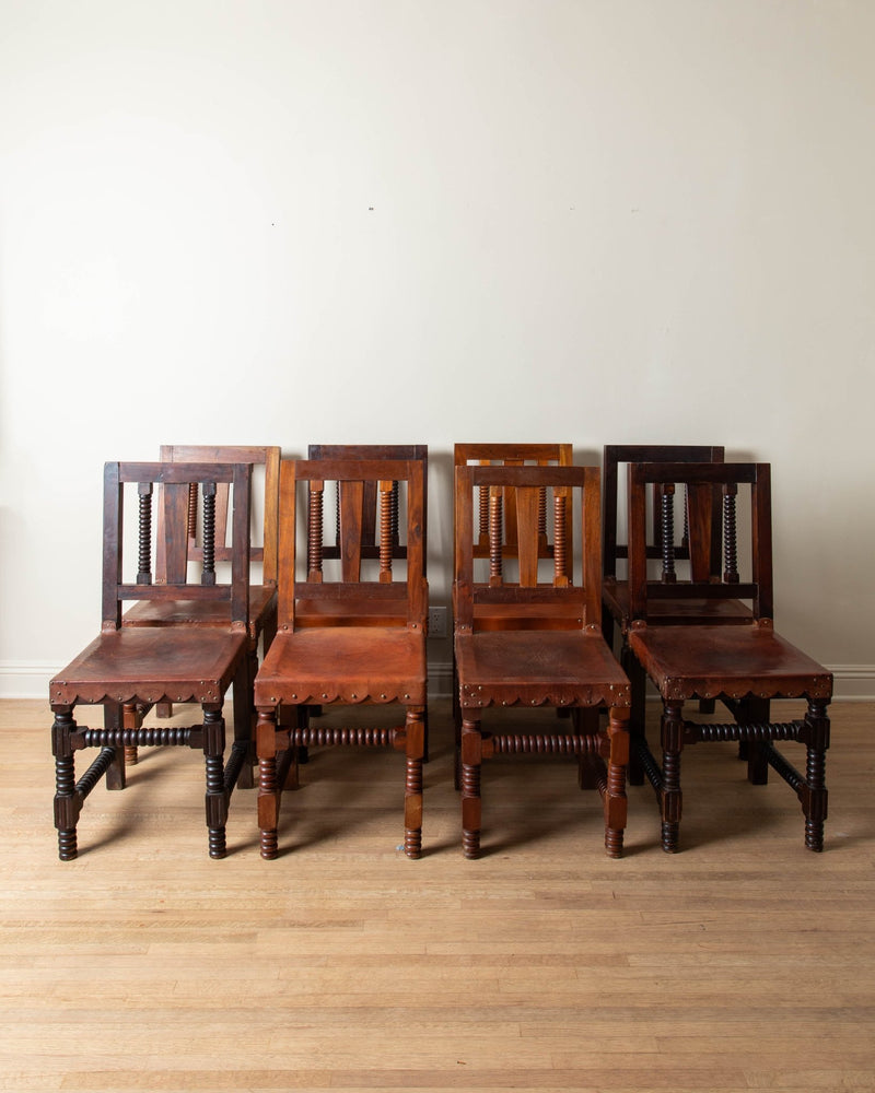 1960's Wood & Scalloped Leather Dining Chairs (Set of 8) - Lone Fox