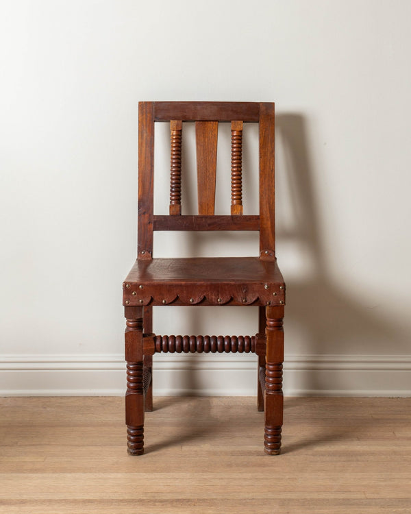 1960's Wood & Scalloped Leather Dining Chairs (Set of 8) - Lone Fox