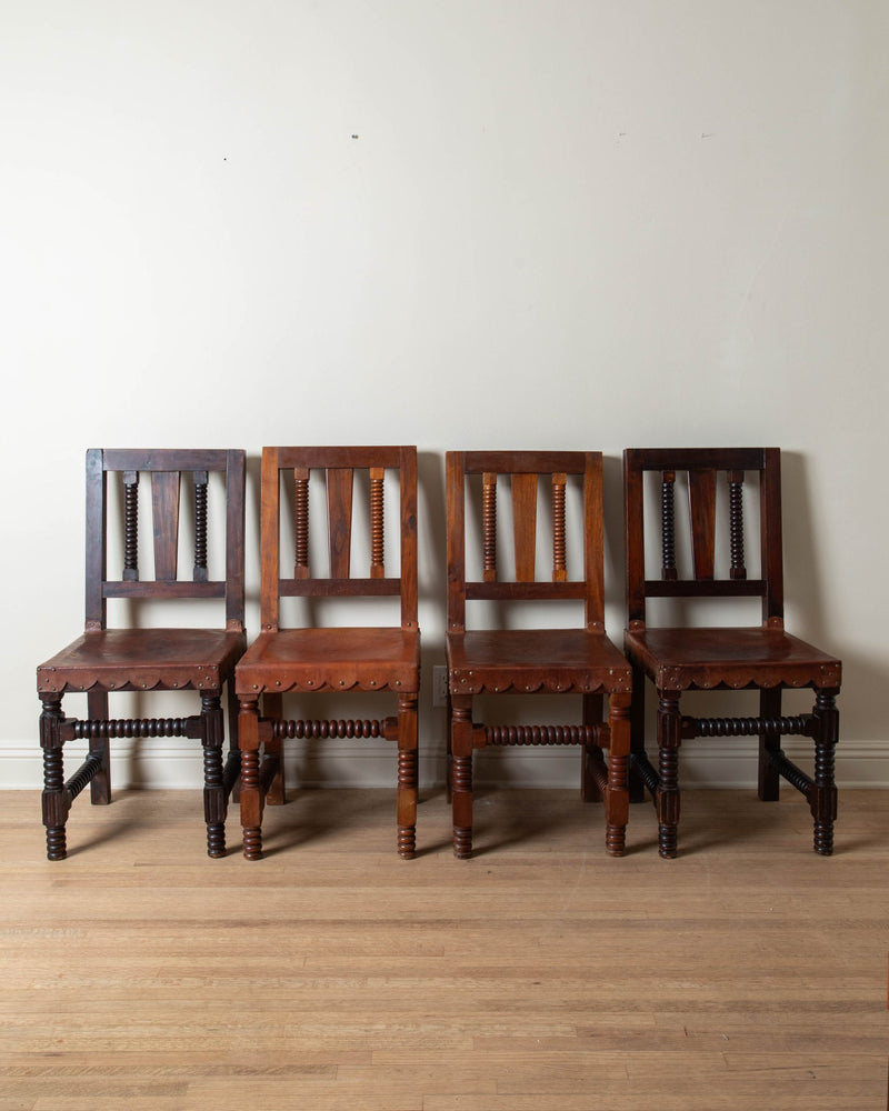 1960's Wood & Scalloped Leather Dining Chairs (Set of 8) - Lone Fox