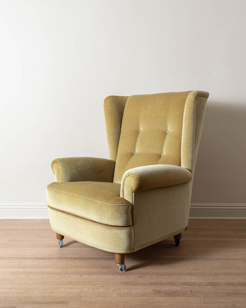 1970's Dutch Ochre Mohair Wingback Armchairs (Pair) - Lone Fox