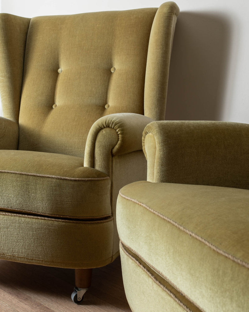 1970's Dutch Ochre Mohair Wingback Armchairs (Pair) - Lone Fox