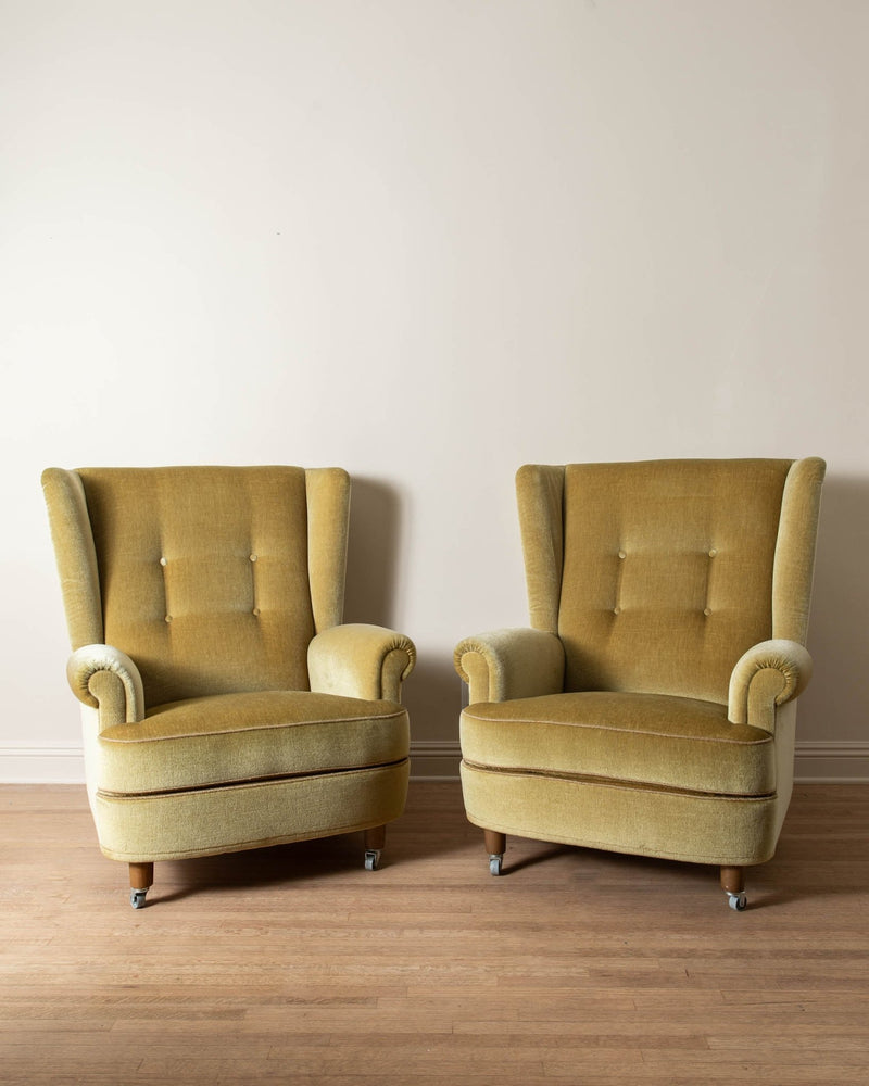 1970's Dutch Ochre Mohair Wingback Armchairs (Pair) - Lone Fox