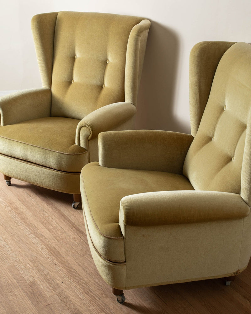 1970's Dutch Ochre Mohair Wingback Armchairs (Pair) - Lone Fox