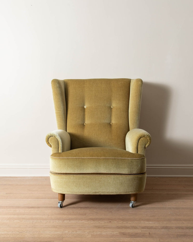 1970's Dutch Ochre Mohair Wingback Armchairs (Pair) - Lone Fox