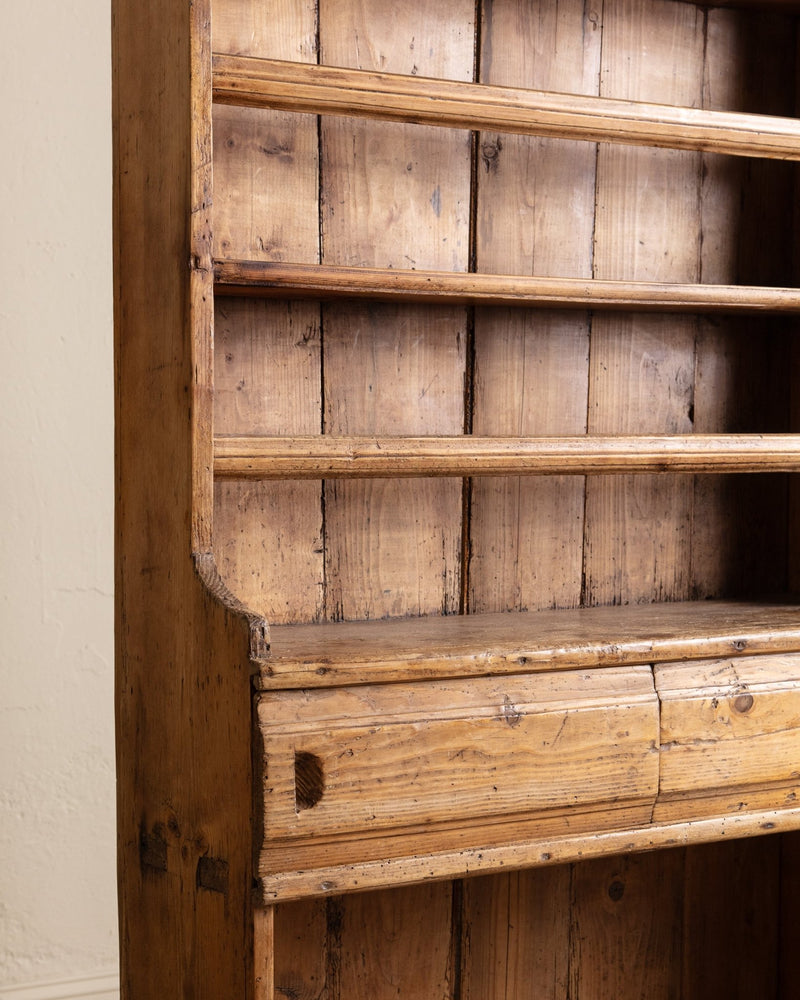 19th Century English Pine Stepback Cupboard w/ Plate Rack - Lone Fox