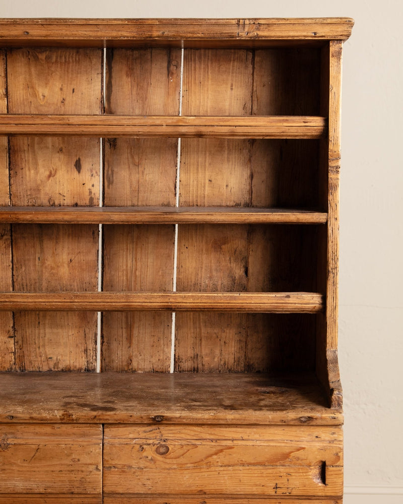 19th Century English Pine Stepback Cupboard w/ Plate Rack - Lone Fox