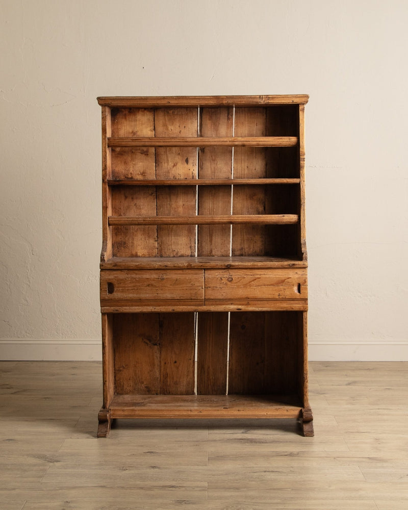 19th Century English Pine Stepback Cupboard w/ Plate Rack - Lone Fox