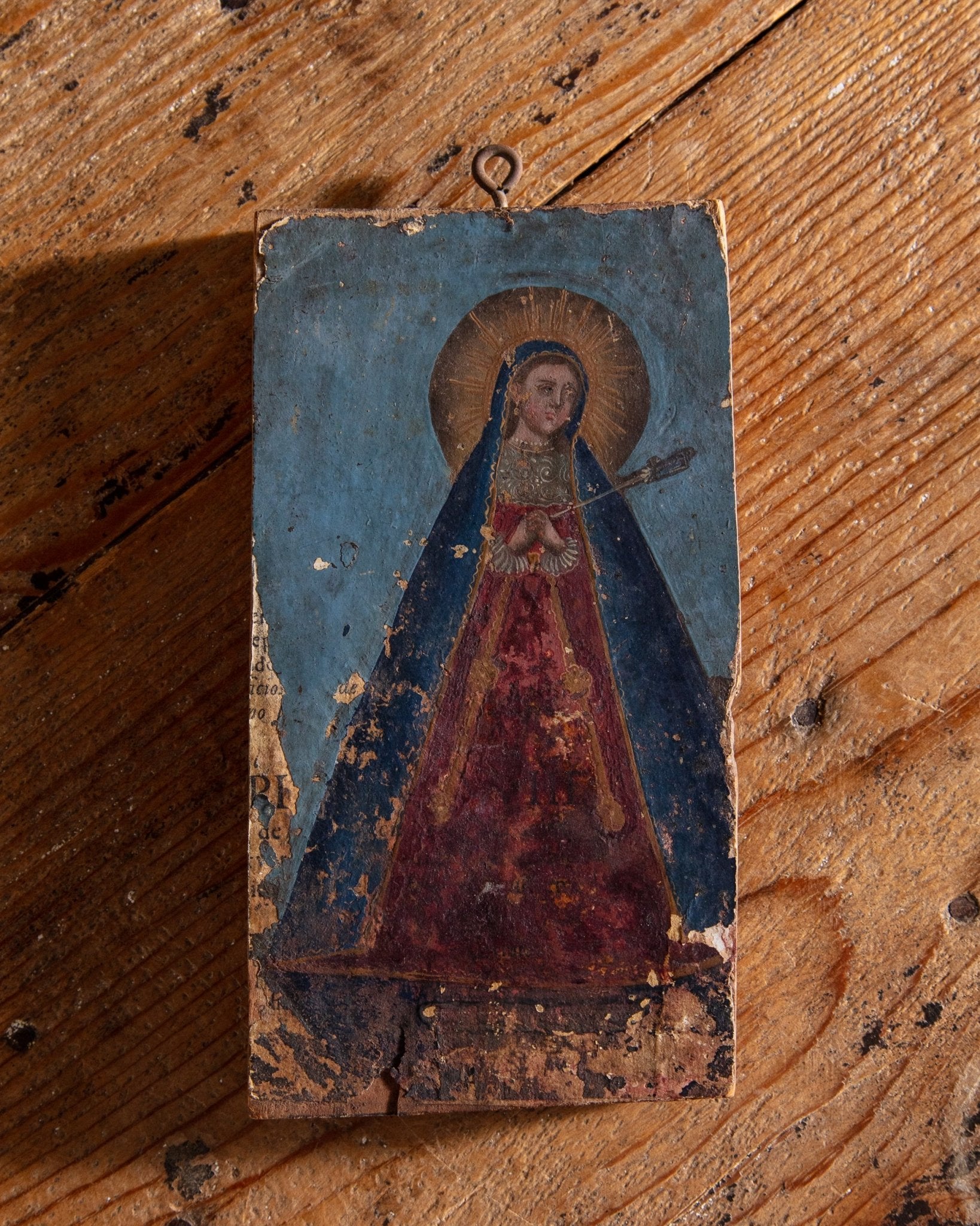 19th Century Mother Mary Oil Painting on Wood - Lone Fox