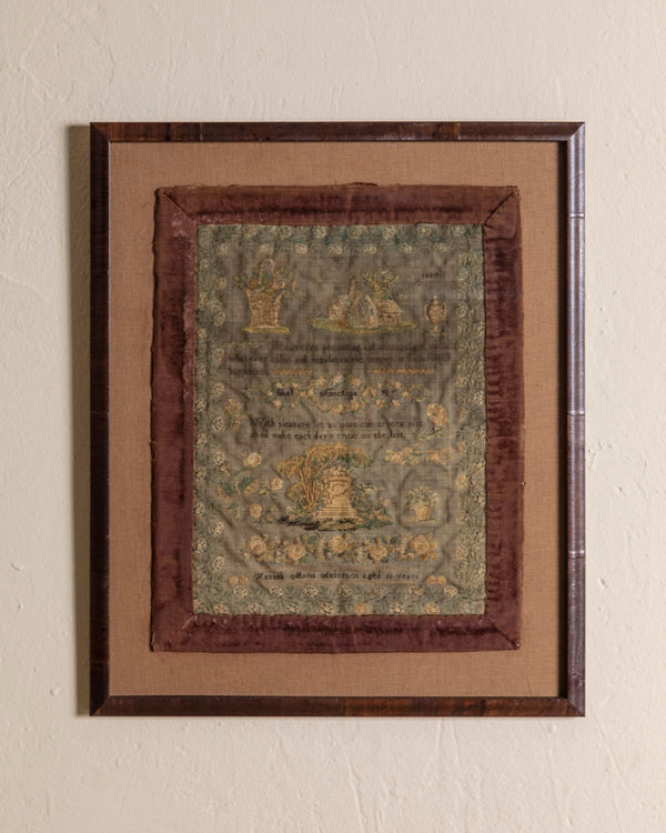 19th Century Needlework Sampler in Carved Wood Frame, 1887 - Lone Fox