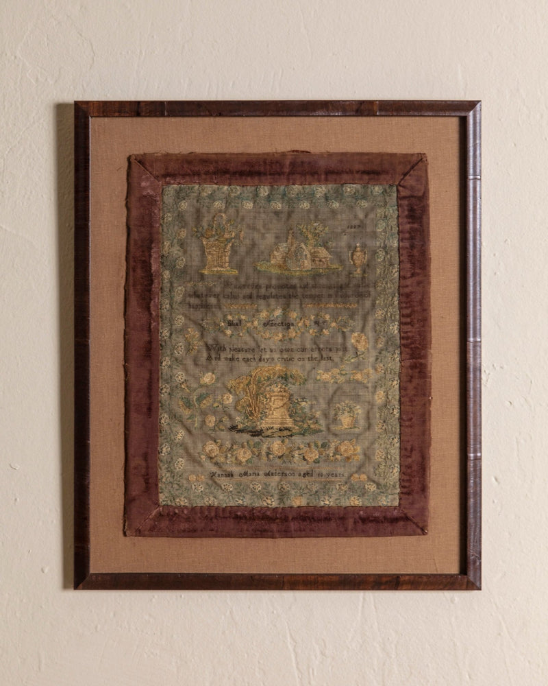 19th Century Needlework Sampler in Carved Wood Frame, 1887 - Lone Fox