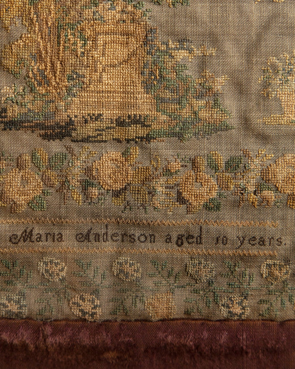 19th Century Needlework Sampler in Carved Wood Frame, 1887 - Lone Fox