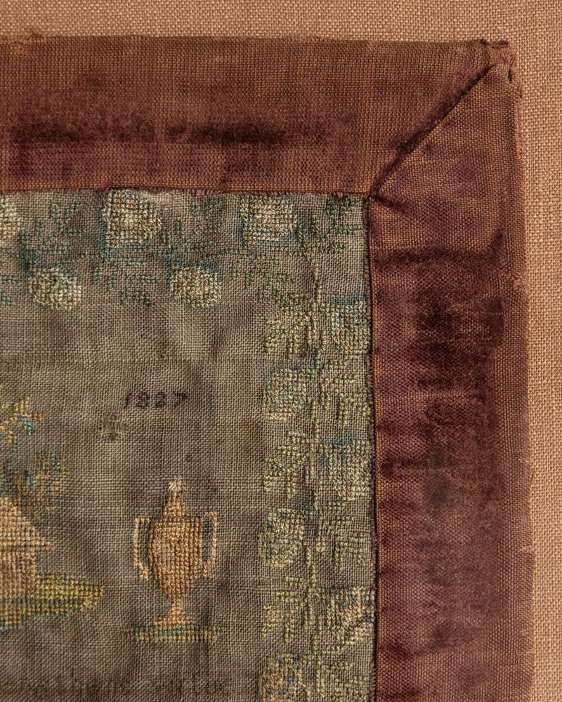 19th Century Needlework Sampler in Carved Wood Frame, 1887 - Lone Fox
