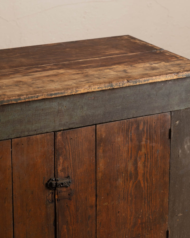 19th Century Primitive Olive Painted Cabinet w/ Wood Doors - Lone Fox