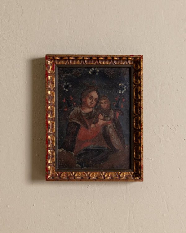 19th Century Retablo Madonna & Child Painting on Tin, Mexico - Lone Fox