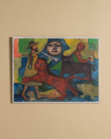 Naïve Modernist Fantasy Scene with Animals Oil Painting, Signed 1966