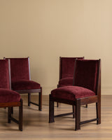 Set of Four Dutch Haagse School Oak Dining Chairs in Merlot Chenille, 1920s